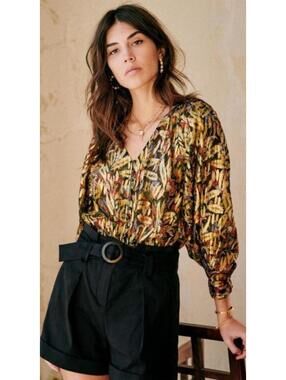 NWOT SEZANE Silk Metallic Printed Erica Blouse FR 36 US small